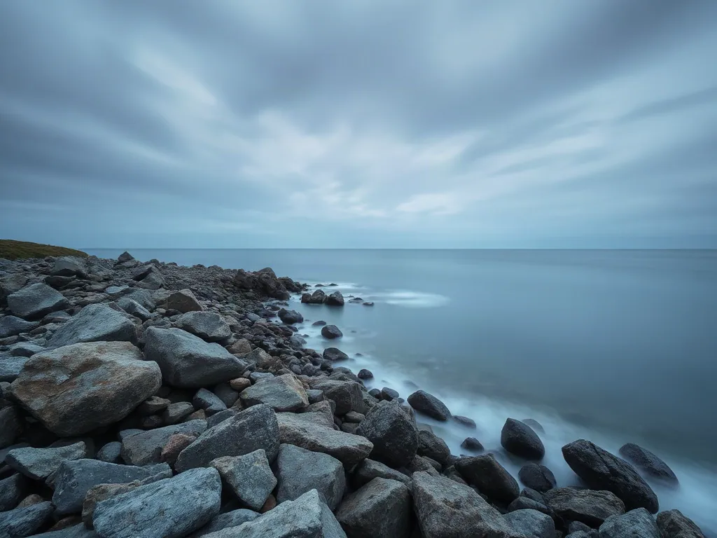 A rocky shore at dusk under a grey sky, with a smooth, misty sea.