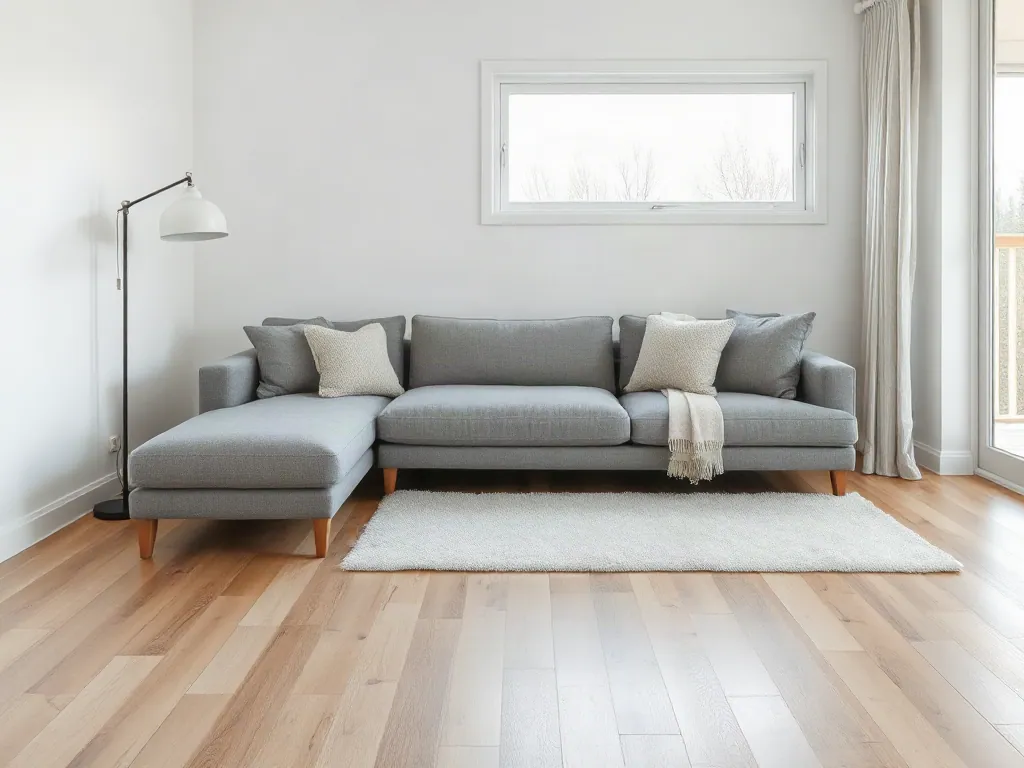 A calm living room: white walls, a grey corner sofa, a floor lamp, a white rug and an oak floor.