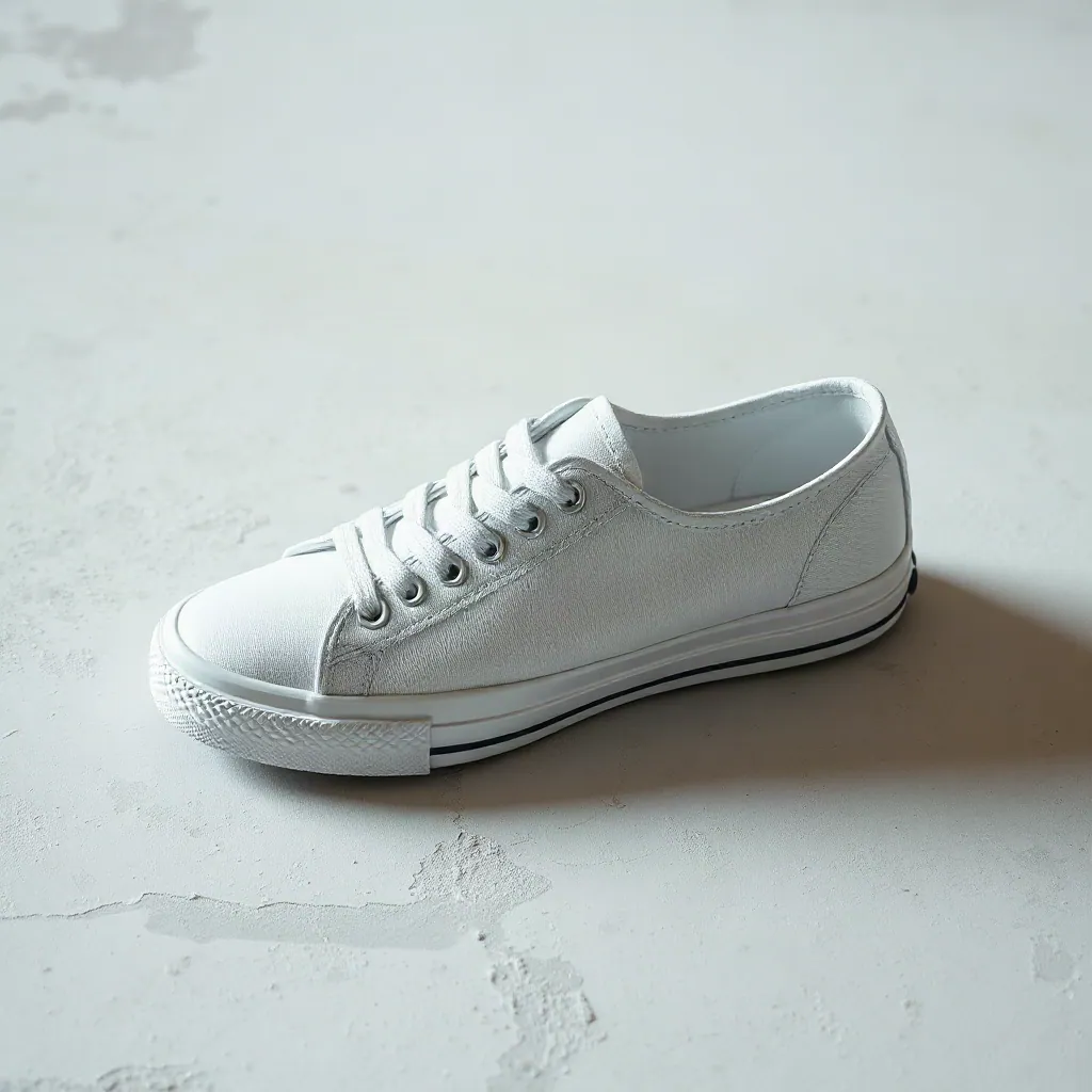 A white canvas sneaker on a pale concrete floor.